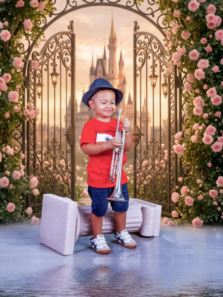 Niño con camisa roja y maleta en un decorado de estudio
