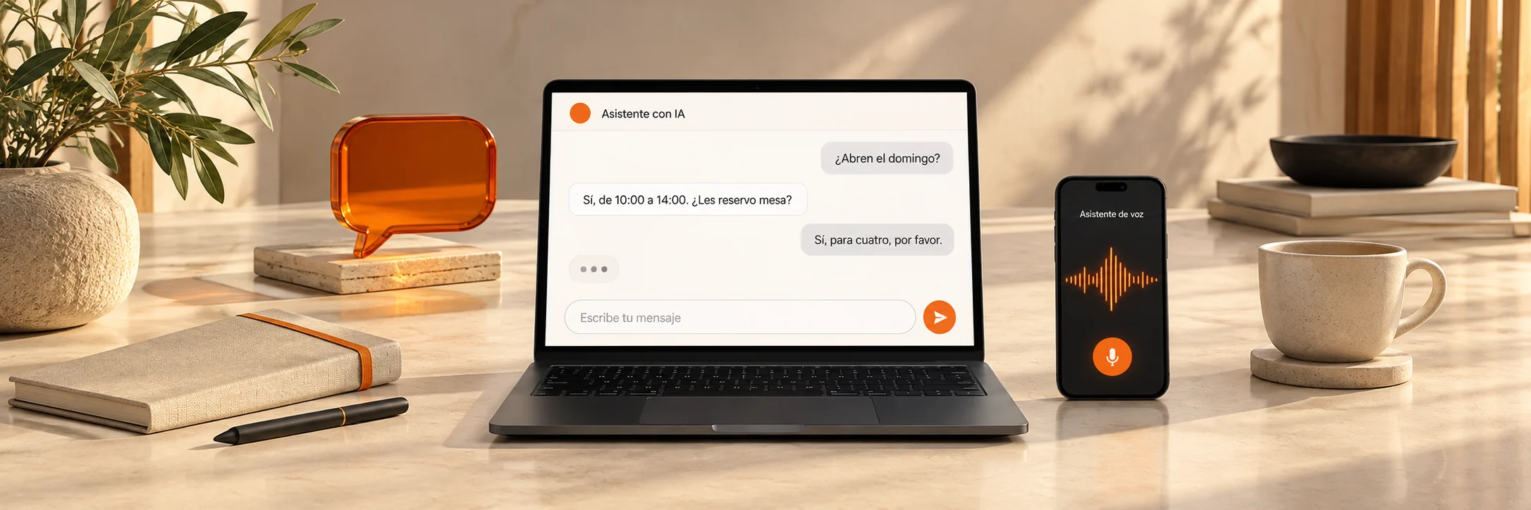 Un portátil y un móvil con burbujas de conversación sobre una mesa de trabajo