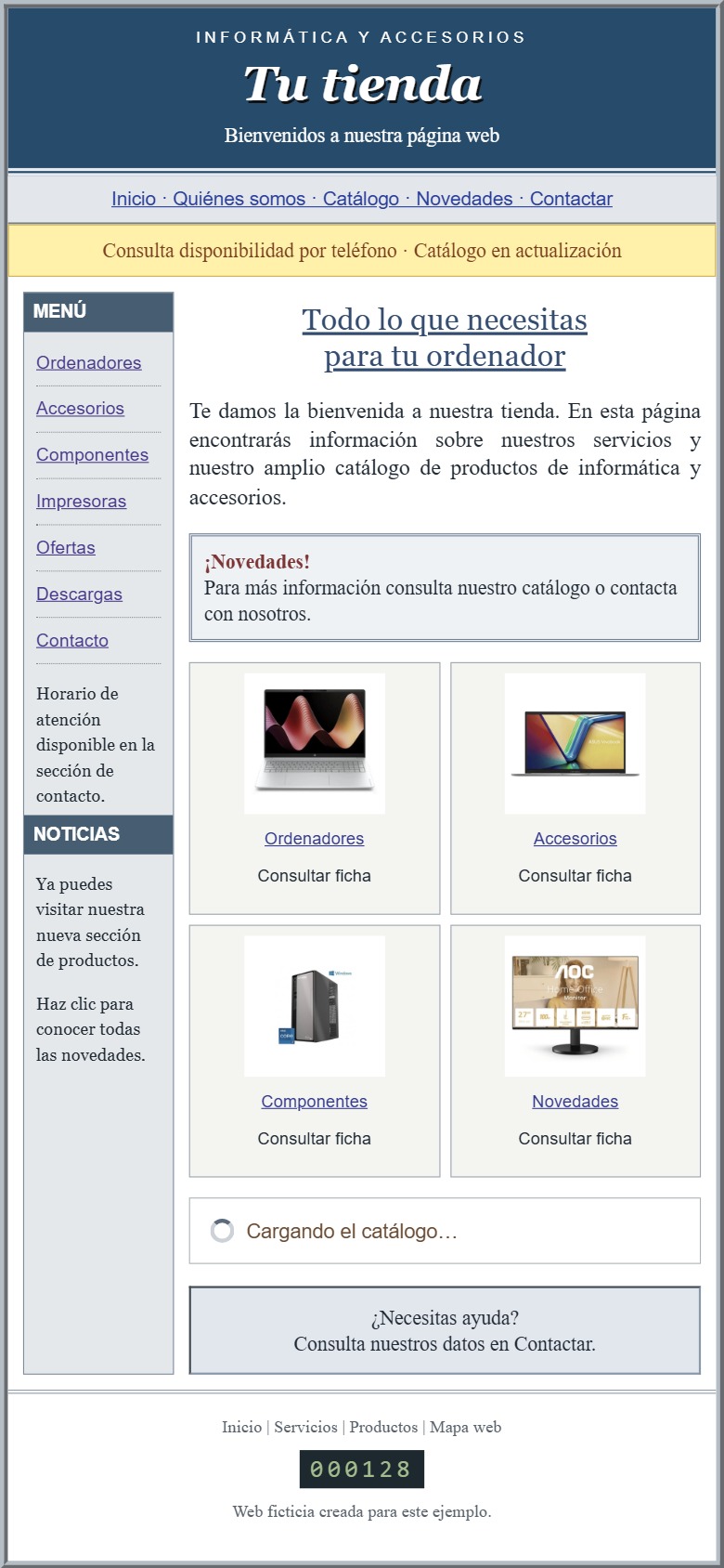 Web ficticia de una tienda: menús apretados, texto pequeño y catálogo desordenado en el móvil